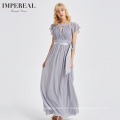 Simple design O neck chiffon lady maxi elegant dress with belt dresses evening long